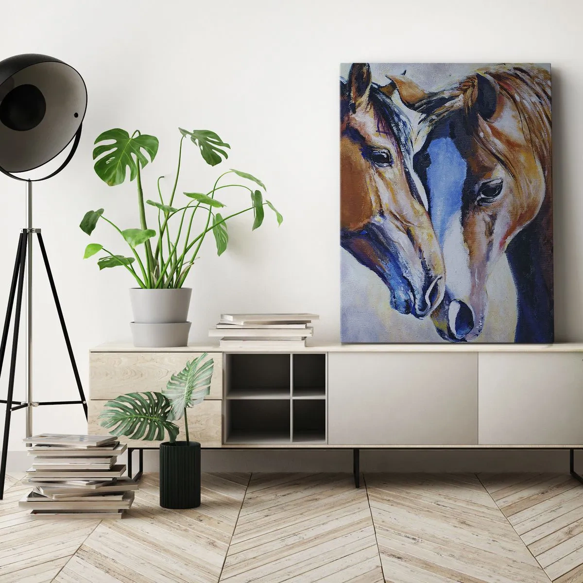 Bild auf Leinwand - Leinwandbild - Eine bildliche Darstellung von zwei Pferden in einer freundlichen Umgebung. - 50x70cm - Ist es Freundschaft? ist es baby - Moderne Wanddekoration für Wohnzimmer und Schlafzimmer ARTTOR