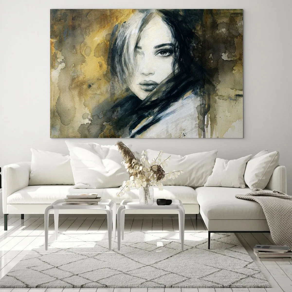 Glasbild - Bild auf glas - Porträt einer Frau im Aquarellstil - 70x50cm - unschuldiger oder sinnlicher? - Moderne Wanddekoration für Wohnzimmer und Schlafzimmer ARTTOR