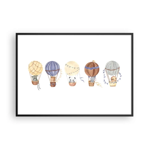 Poster in einem schwarzem Rahmen - Niedliche Tiere in Luftballons auf weißem Hintergrund - 100x70cm - Freunde auf Reise - Moderne Wanddekoration für Wohnzimmer und Schlafzimmer ARTTOR