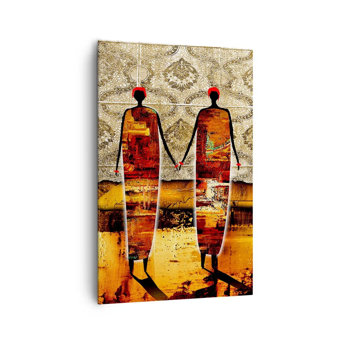 Bild auf Leinwand - Leinwandbild - Ein abstraktes Figurenpaar vor einem Hintergrund aus goldenen Mustern und einer Landschaft. - 80x120cm - Ethnische Zusammensetzung in den Farben Afrikas - Moderne Wanddekoration für Wohnzimmer und Schlafzimmer ARTTOR