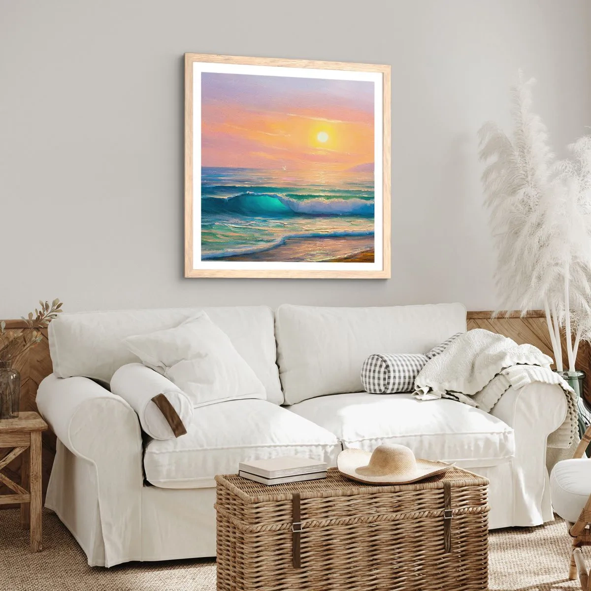 Poster in einem Rahmen aus heller Eiche - Ein türkisfarbenes Lied der Wellen - 40x40 cm