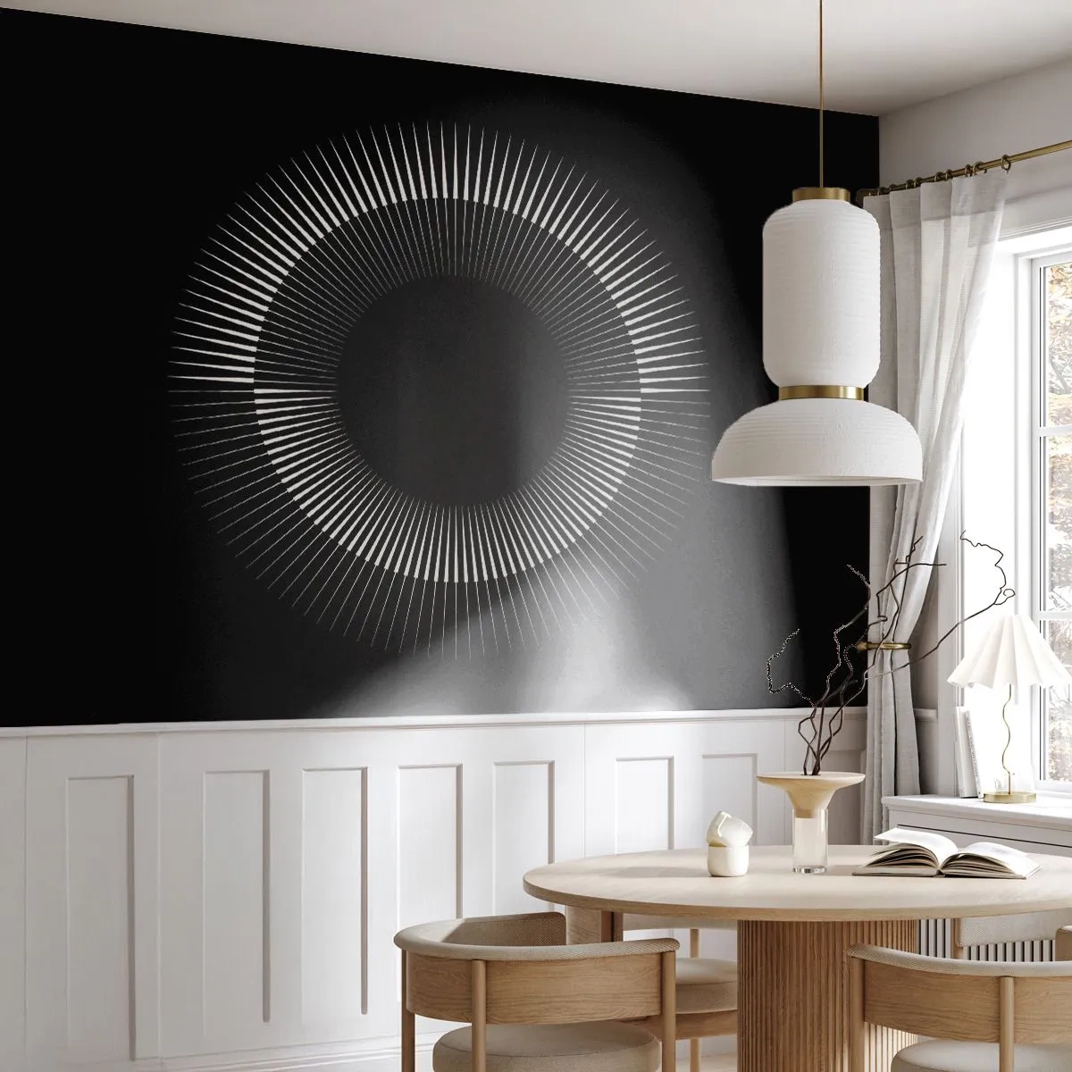 Fototapete Premium Sand - Strahlend weißer Kreis auf schwarzem Hintergrund - 100x70cm - Schwarze Sonne - Moderne Wanddekoration für Wohnzimmer und Schlafzimmer ARTTOR