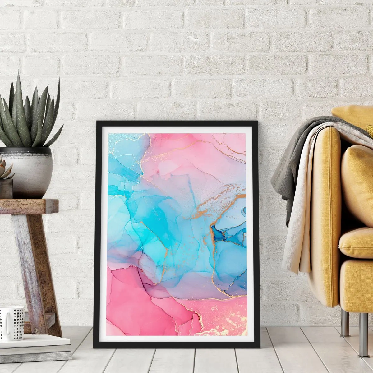 Poster in einem schwarzem Rahmen - Abstrakte Flecken in Rosa-, Blau- und Goldtönen - 50x70cm - Begegnung und Durchdringung - Moderne Wanddekoration für Wohnzimmer und Schlafzimmer ARTTOR