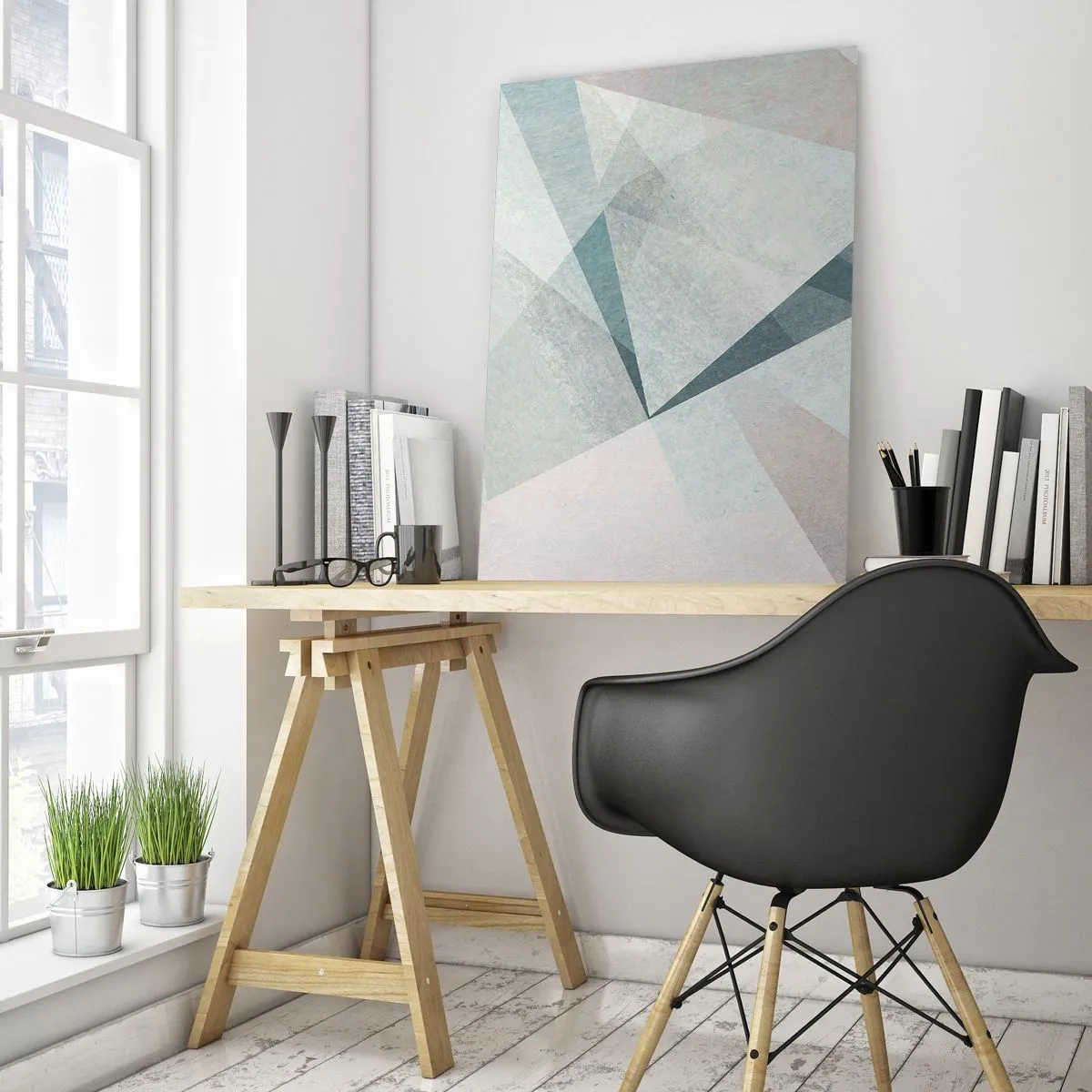 Glasbild - Bild auf glas - Geometrische Formen in Pastelltönen von Blau und Grau - 80x120cm - Einfach aber dynamisch - Moderne Wanddekoration für Wohnzimmer und Schlafzimmer ARTTOR
