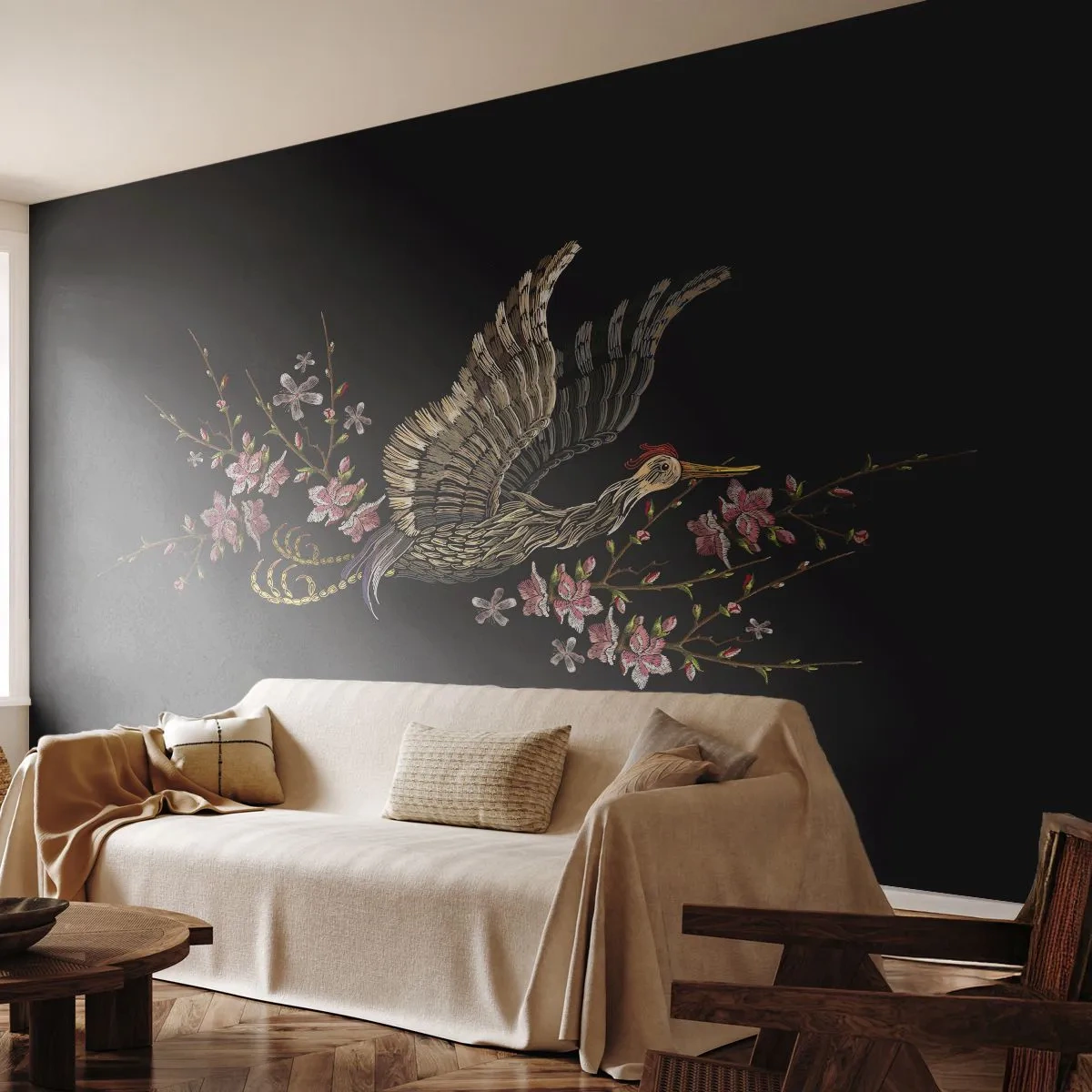 Fototapete Standard Eco - Exotischer gestickter Vogel - Vogel, Grafik, Blumen - 500x350 cm