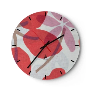 Wanduhr - Glasuhr - Rosa und rote Blätter auf weißem Hintergrund mit Leinenstruktur - 30x30cm - Blumenarrangement in Rosa - Moderne Wanddekoration für Wohnzimmer, Küche und Schlafzimmer ARTTOR