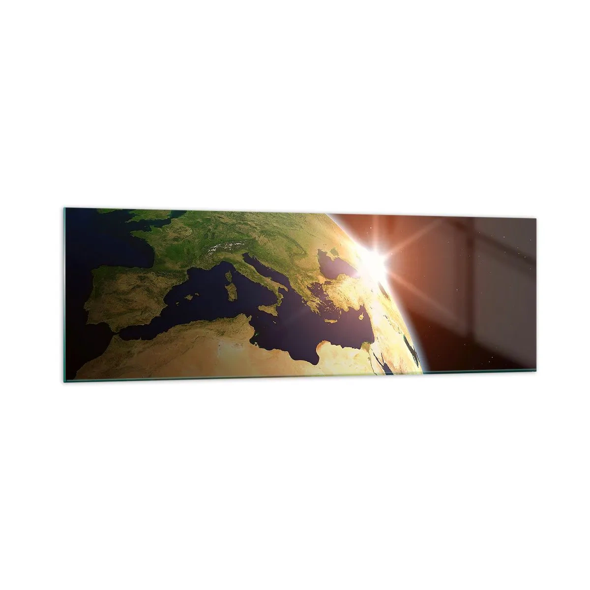 Glasbild - Bild auf glas - Blick auf die Erde aus dem Weltraum mit Sonnenstrahlen am Horizont - 160x50cm - Sonnenaufgang - Moderne Wanddekoration für Wohnzimmer und Schlafzimmer ARTTOR