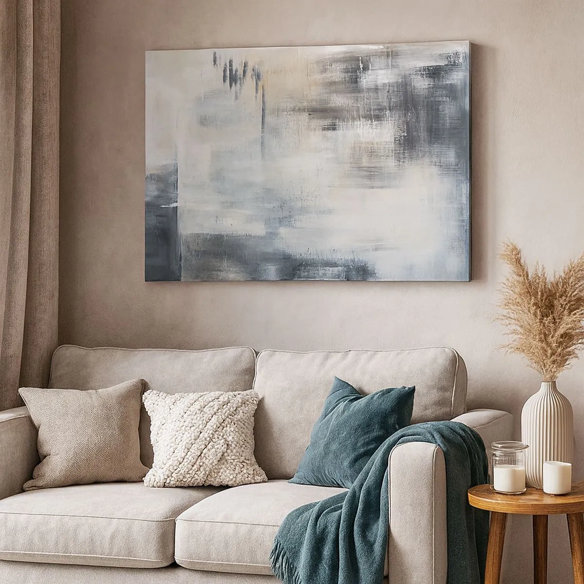 Bild auf Leinwand - Leinwandbild - Abstrakte Komposition in Blau- und Grautönen - 70x50cm - Hinter dem blauen Vorhang - Moderne Wanddekoration für Wohnzimmer und Schlafzimmer ARTTOR