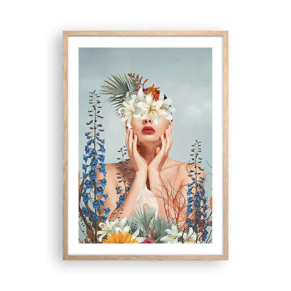 Poster in einem Rahmen aus heller Eiche - Frau - Blume - 50x70 cm