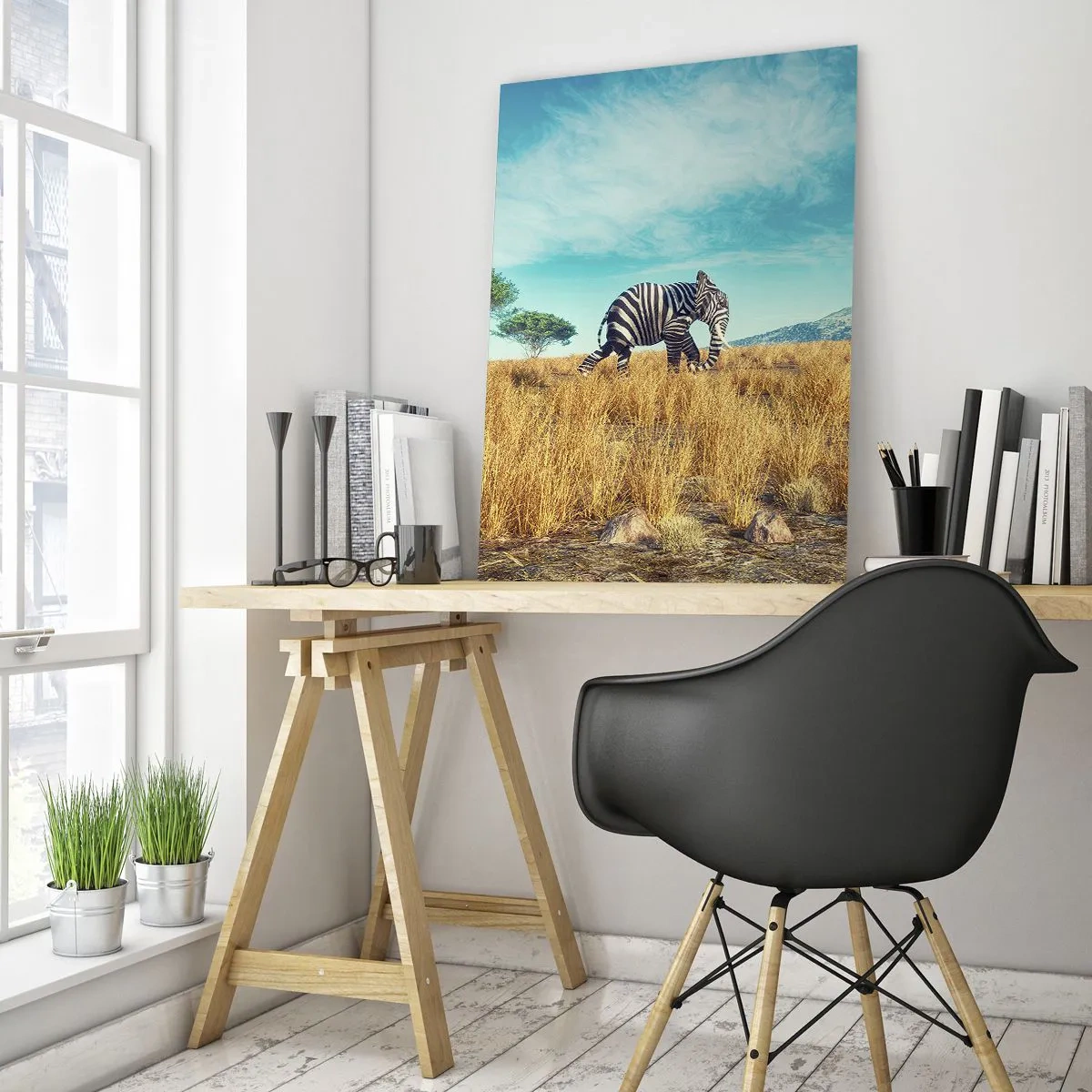 Glasbild - Bild auf glas - Zebra in einer afrikanischen Landschaft - 70x100cm - Grau ist nicht mehr in Mode - Moderne Wanddekoration für Wohnzimmer und Schlafzimmer ARTTOR