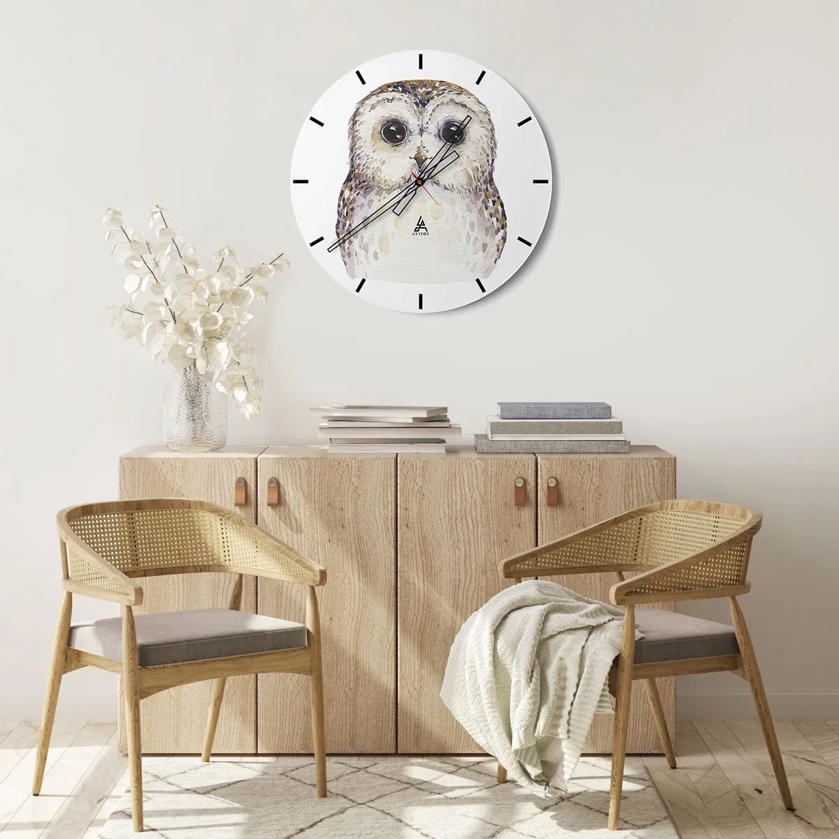 Wanduhr - Glasuhr - Aquarell Eule mit großen Augen auf weißem Hintergrund - 30x30cm - Schau mir in die Augen - Moderne Wanddekoration für Wohnzimmer, Küche und Schlafzimmer ARTTOR