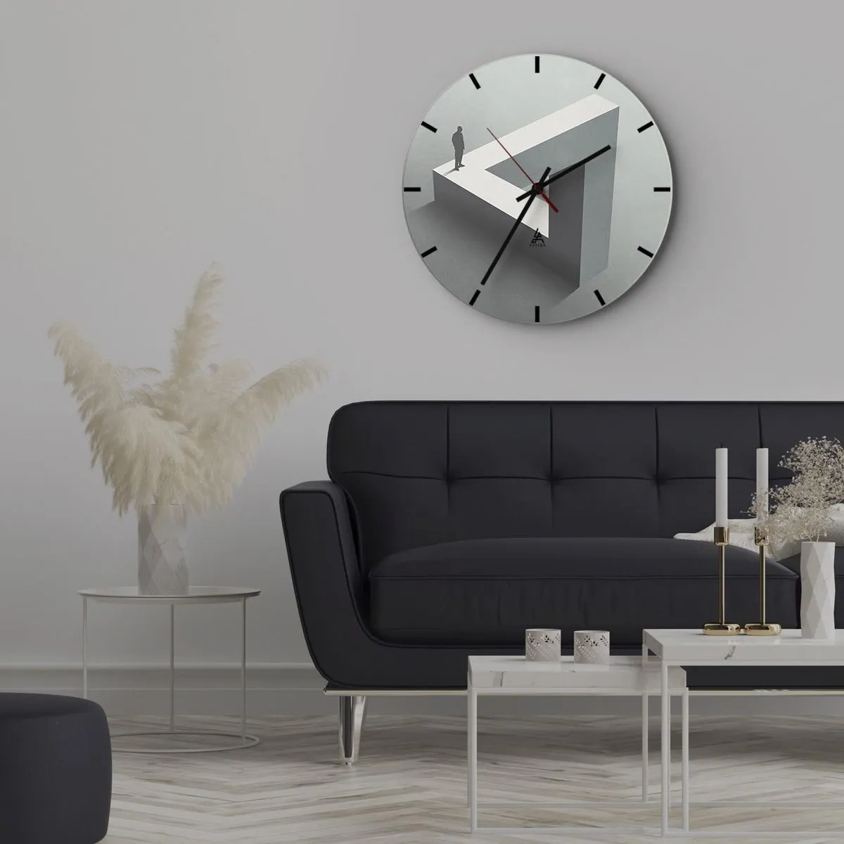 Wanduhr - Glasuhr - Ein Mann steht auf einer unmöglichen geometrischen Figur. - 30x30cm - Es ist also doch möglich - Moderne Wanddekoration für Wohnzimmer, Küche und Schlafzimmer ARTTOR