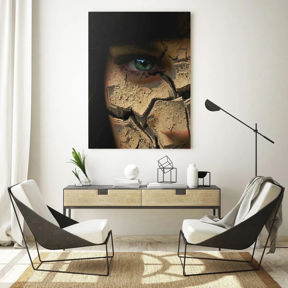 Glasbild - Bild auf glas - Das Gesicht einer Frau mit grünen Augen, bedeckt mit einer rissigen Erdstruktur - 80x120cm - Freude und Grauen zugleich - Moderne Wanddekoration für Wohnzimmer und Schlafzimmer ARTTOR