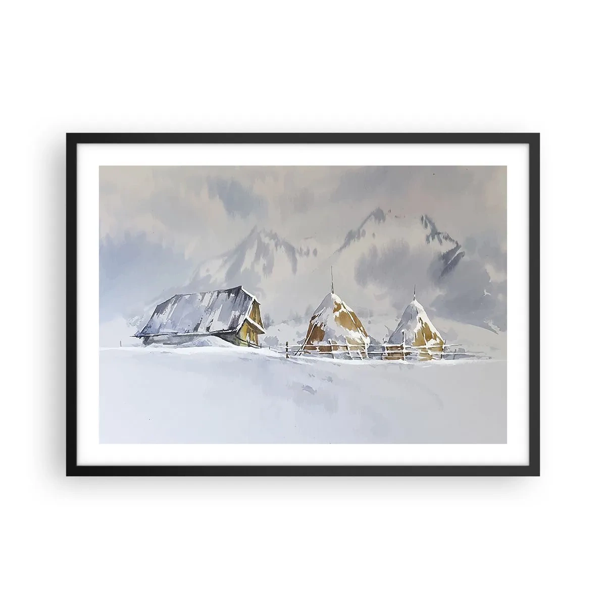 Poster in einem schwarzem Rahmen - Winterlandschaft mit Hütte und Heuhaufen in den Bergen - 70x50cm - In einem verschneiten Talkessel - Moderne Wanddekoration für Wohnzimmer und Schlafzimmer ARTTOR