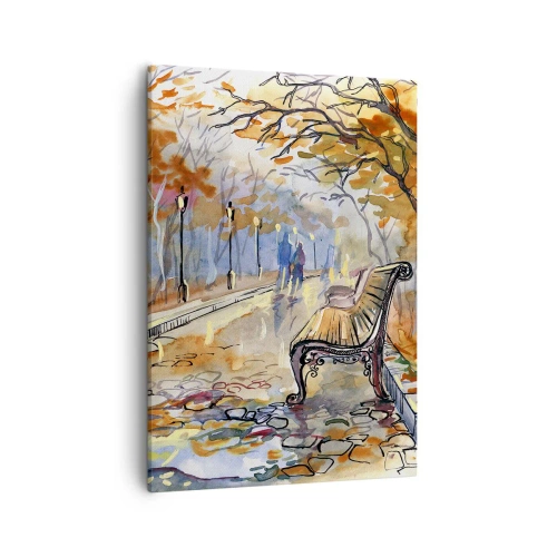 Bild auf Leinwand - Leinwandbild - Ein herbstlicher Park mit einer Bank in Aquarell - 50x70cm - Gemeinsam im Herbst wandern - Moderne Wanddekoration für Wohnzimmer und Schlafzimmer ARTTOR