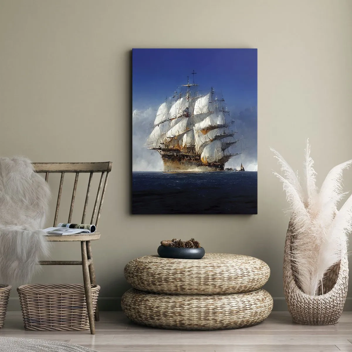 Bild auf Leinwand - Leinwandbild - Ein Segelschiff auf offener See unter blauem Himmel - 50x70cm - Der große Ruhm! - Moderne Wanddekoration für Wohnzimmer und Schlafzimmer ARTTOR