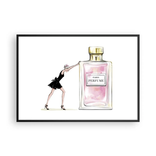 Poster in einem schwarzem Rahmen - Eine Frau in einem schwarzen Kleid neben einer Parfümflasche - 100x70cm - Essenz der Weiblichkeit - Moderne Wanddekoration für Wohnzimmer und Schlafzimmer ARTTOR