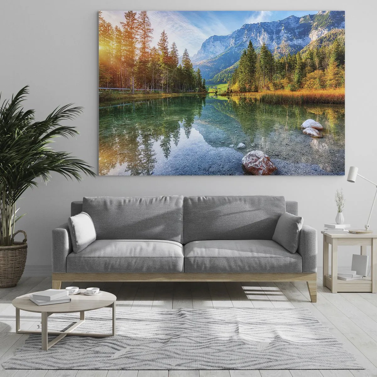 Glasbild - Bild auf glas - Ein Bergsee, umgeben von Wäldern und majestätischen Gipfeln - 100x70cm - Die Sanftheit des Herbstes - Moderne Wanddekoration für Wohnzimmer und Schlafzimmer ARTTOR