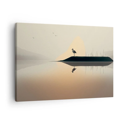 Bild auf Leinwand - Leinwandbild - Ein Vogel auf einer Insel in einem ruhigen See mit warmen Farbtönen - 70x50cm - Herr am See - Moderne Wanddekoration für Wohnzimmer und Schlafzimmer ARTTOR
