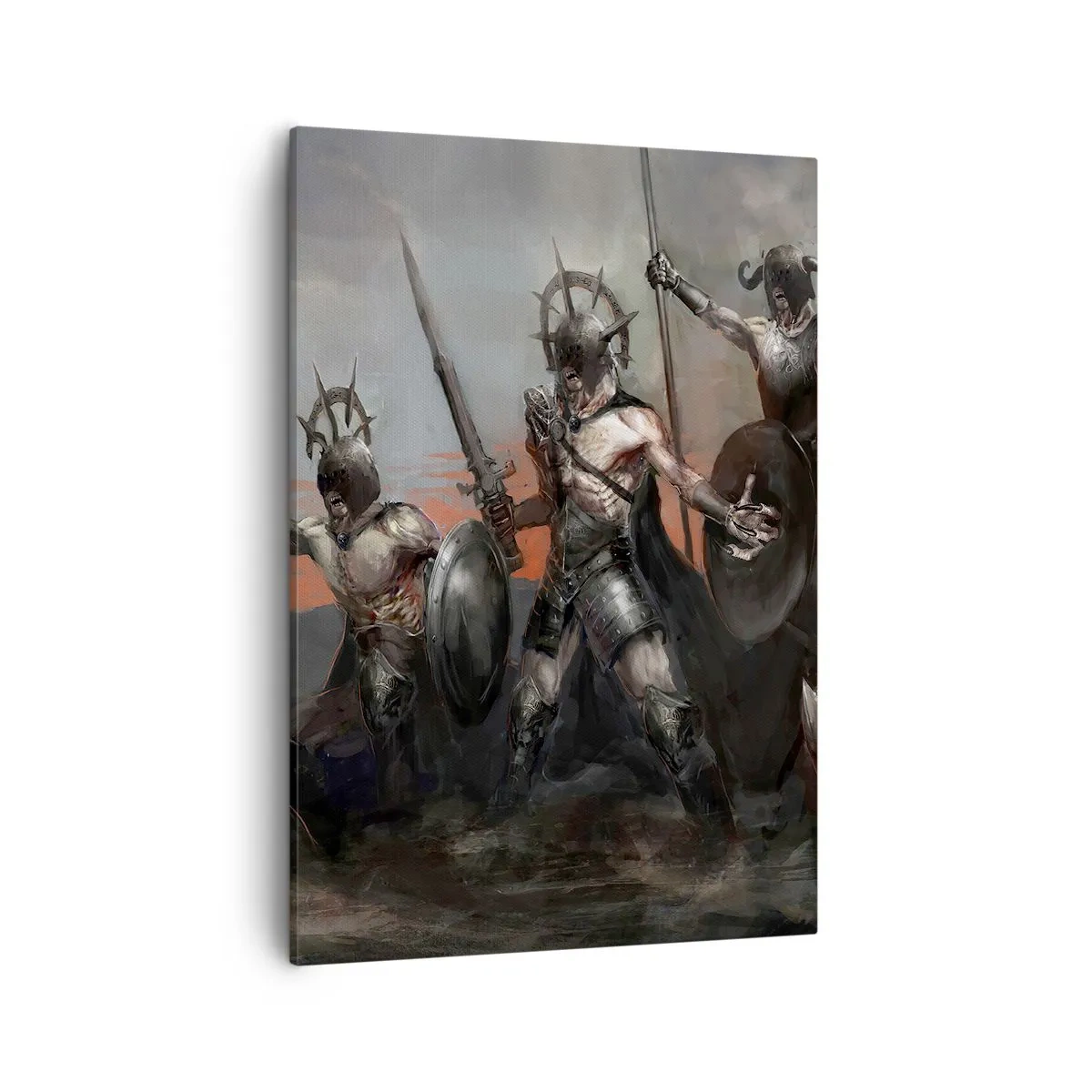 Bild auf Leinwand - Leinwandbild - Eine Gruppe von Kriegern in Rüstung mit Speeren vor dem Hintergrund des Sonnenuntergangs - 50x70cm - Mit oder auf einem Schild - Moderne Wanddekoration für Wohnzimmer und Schlafzimmer ARTTOR