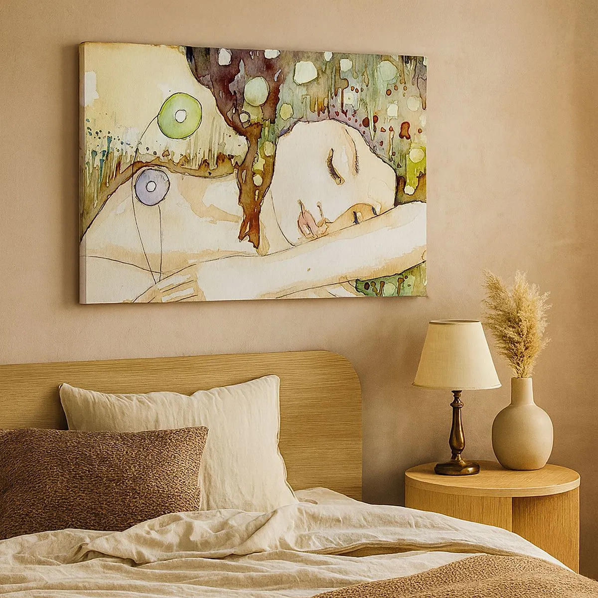 Bild auf Leinwand - Leinwandbild - Eine träumende Frau, umgeben von abstrakten Formen und Farben. - 70x50cm - Ein smaragd-violetter Traum - Moderne Wanddekoration für Wohnzimmer und Schlafzimmer ARTTOR