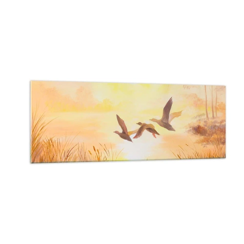 Glasbild - Bild auf glas - Enten fliegen bei Sonnenaufgang über den See - 140x50cm - Der Beginn einer langen Reise - Moderne Wanddekoration für Wohnzimmer und Schlafzimmer ARTTOR