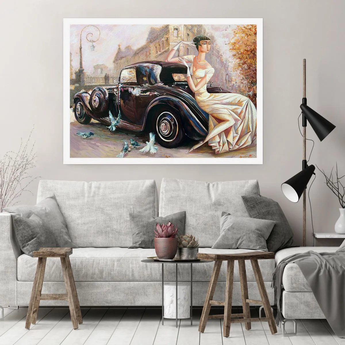 Poster - Retro-Frau neben Oldtimer - 100x70cm - Eleganz im Retro-Stil - Moderne Wanddekoration für Wohnzimmer und Schlafzimmer ARTTOR