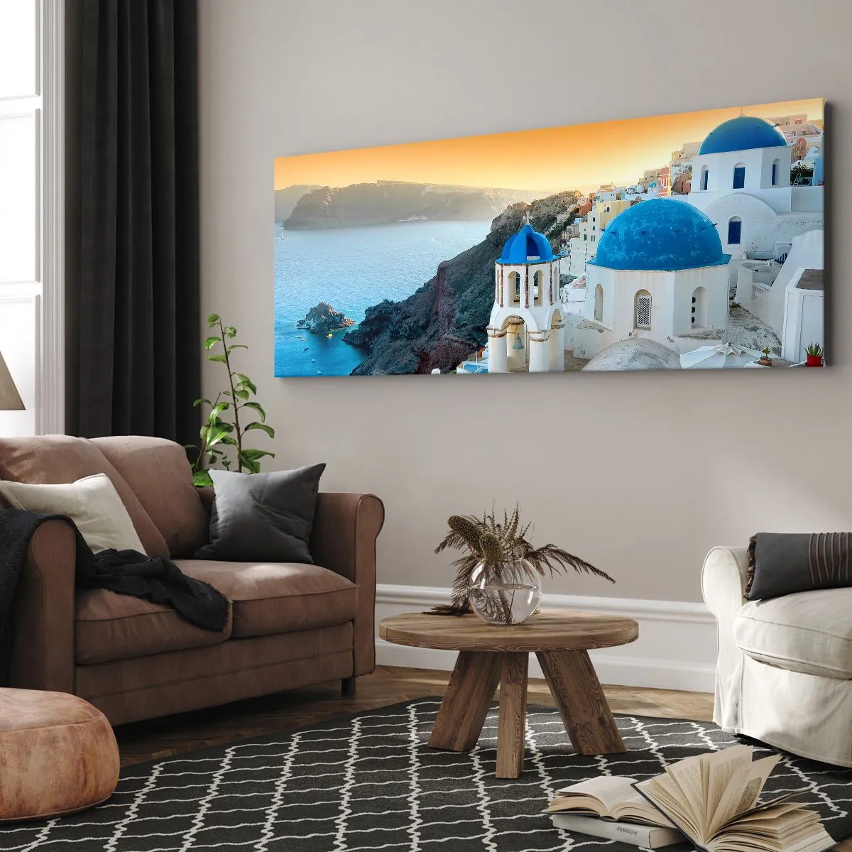 Bild auf Leinwand - Leinwandbild - Santorini - an die Felsen gekuschelt - 100x40 cm