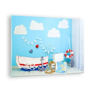 Glasbild - Bild auf glas - Dekorative Meeresszene mit einem Boot und nautischen Requisiten - 70x50cm - Die Sehnsucht eines Kindes nach Abenteuer - Moderne Wanddekoration für Wohnzimmer und Schlafzimmer ARTTOR