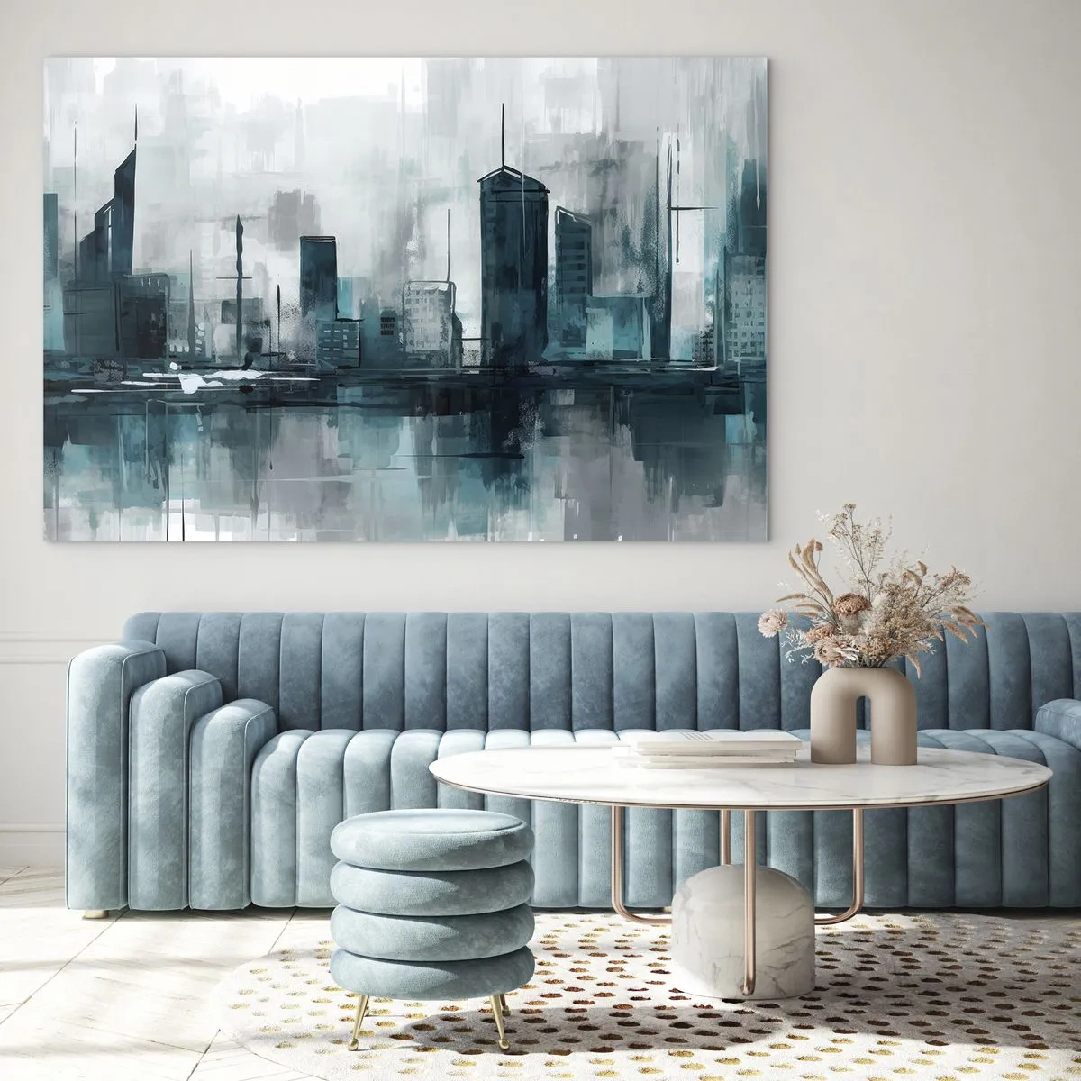 Glasbild - Bild auf glas - Eine moderne Stadt in Blau- und Grautönen - 100x70cm - Eine Stadt in der Farbe des Regens - Moderne Wanddekoration für Wohnzimmer und Schlafzimmer ARTTOR