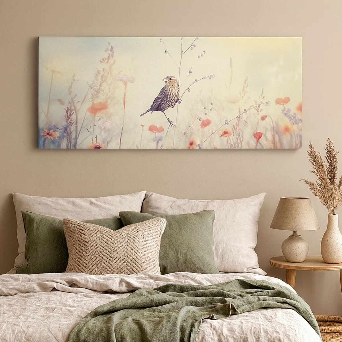 Bild auf Leinwand - Leinwandbild - Vogelporträt mit einer Wiese im Hintergrund - 100x40 cm