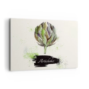 Bild auf Leinwand - Leinwandbild - Aquarell Artischocke mit Text auf hellem Hintergrund mit grünen Akzenten - 100x70cm - Eviva-Gemüse! - Moderne Wanddekoration für Wohnzimmer und Schlafzimmer ARTTOR