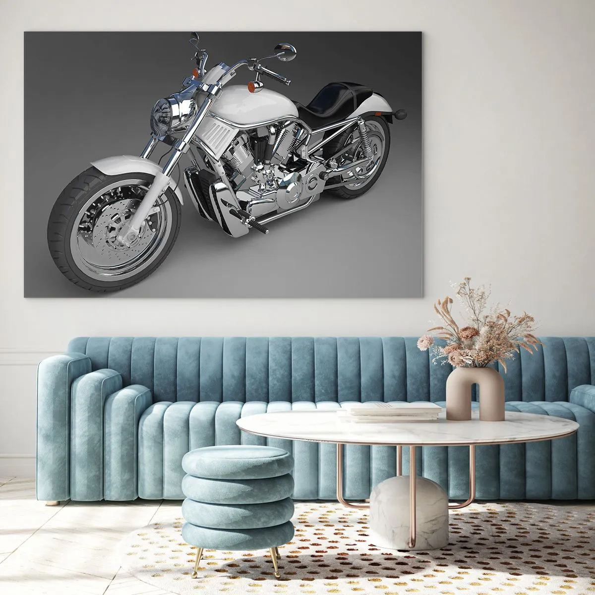 Glasbild - Bild auf glas - Ein stylisches Motorrad auf grauem Hintergrund mit modernem Touch - 120x80cm - So dass man hinknien möchte - Moderne Wanddekoration für Wohnzimmer und Schlafzimmer ARTTOR
