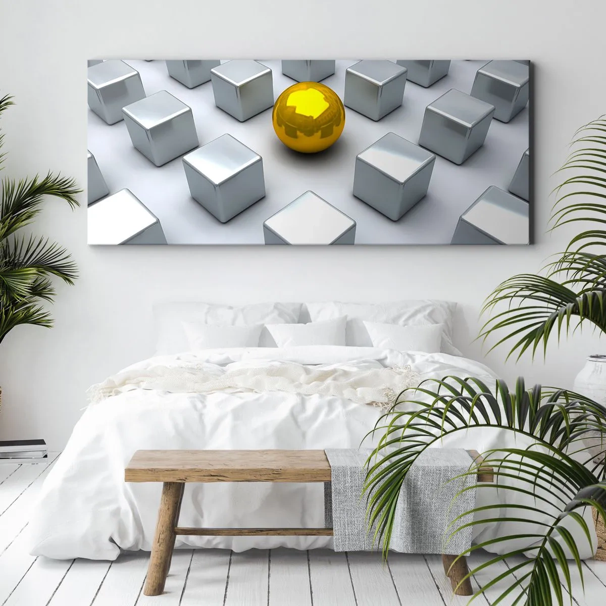 Bild auf Leinwand - Leinwandbild - Eine goldene Kugel, die zwischen den silbernen Würfeln hervorsticht - 120x50cm - Warum ich? Geometrische Zusammensetzung - Moderne Wanddekoration für Wohnzimmer und Schlafzimmer ARTTOR