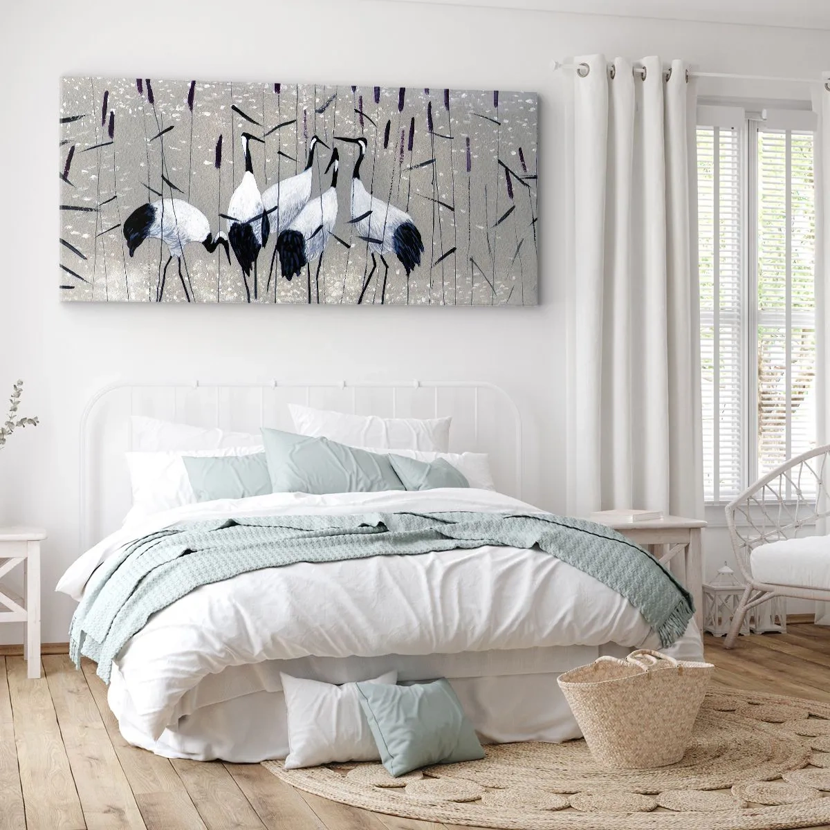 Bild auf Leinwand - Leinwandbild - Reiher im Gras vor einem friedlichen Hintergrund - 160x50cm - Unter ihren eigenen - Moderne Wanddekoration für Wohnzimmer und Schlafzimmer ARTTOR