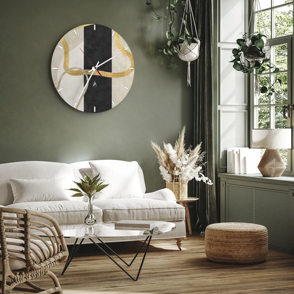 Wanduhr - Glasuhr - Goldene Linien auf schwarzem Streifen und beigen Formen - 30x30cm - Schleifenformen - Moderne Wanddekoration für Wohnzimmer, Küche und Schlafzimmer ARTTOR
