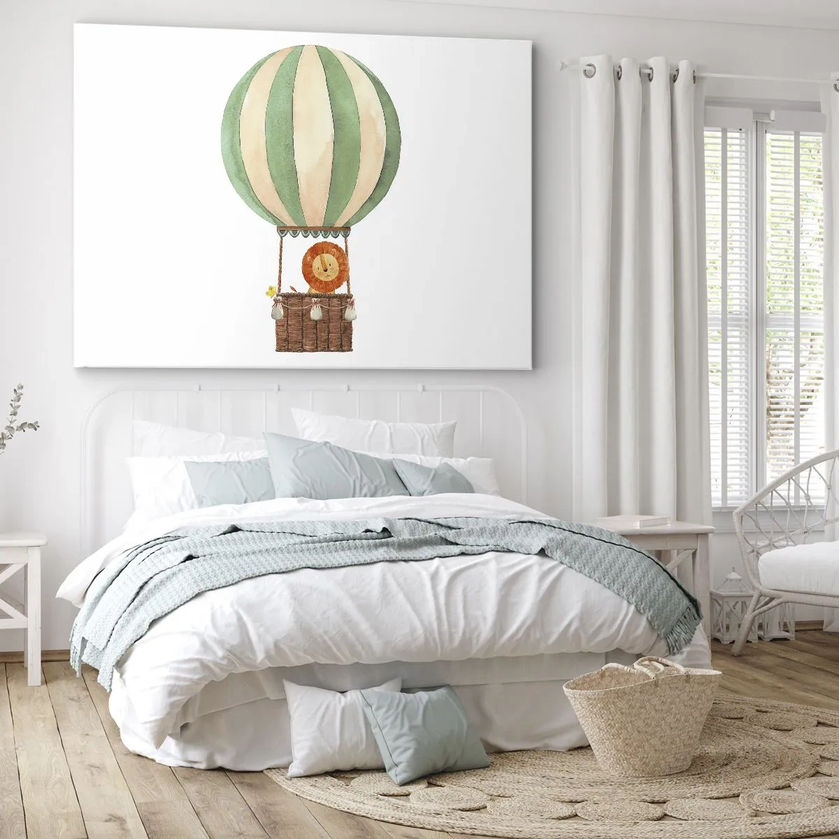 Bild auf Leinwand - Leinwandbild - Ein Ballon mit einem lächelnden Löwen in einem pastellfarbenen Korb - 120x80cm - Leons Reisen - Moderne Wanddekoration für Wohnzimmer und Schlafzimmer ARTTOR