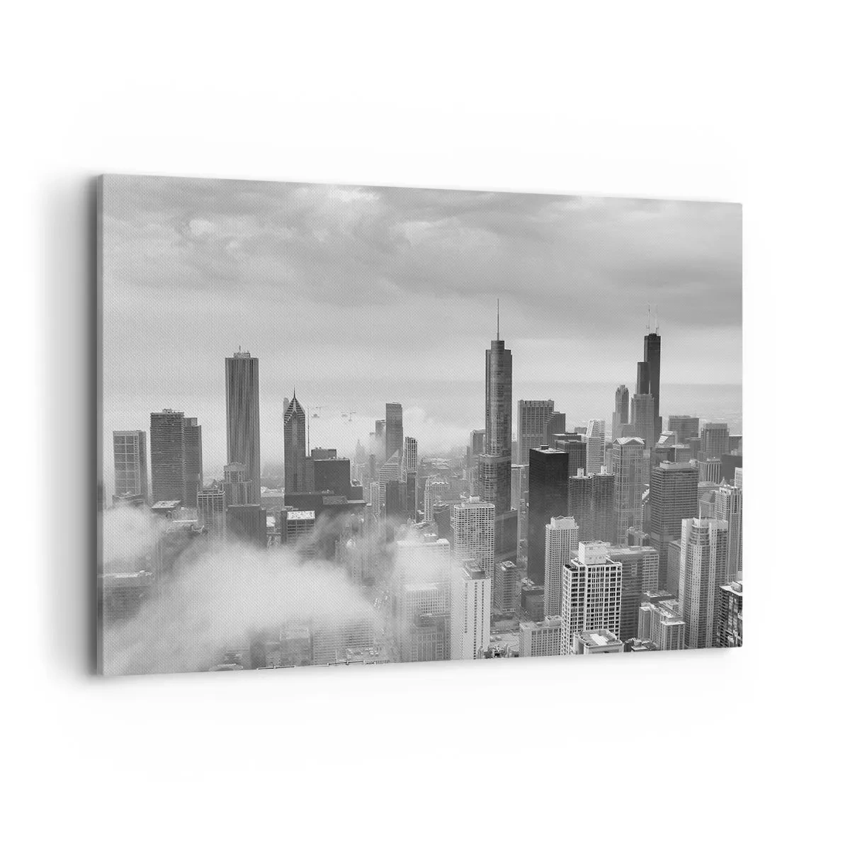 Bild auf Leinwand - Leinwandbild - Stadtpanorama mit Wolkenkratzern in den Wolken in Schwarzweiß - 120x80cm - Amerikanische Landschaft - Moderne Wanddekoration für Wohnzimmer und Schlafzimmer ARTTOR