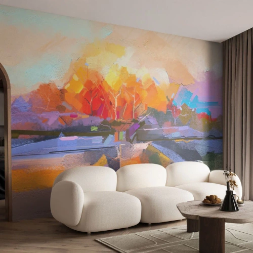 Fototapete Premium Sand - Herbstlandschaft in abstrakter, malerischer Komposition - 100x70cm - Der Herbst ist geworden - Moderne Wanddekoration für Wohnzimmer und Schlafzimmer ARTTOR