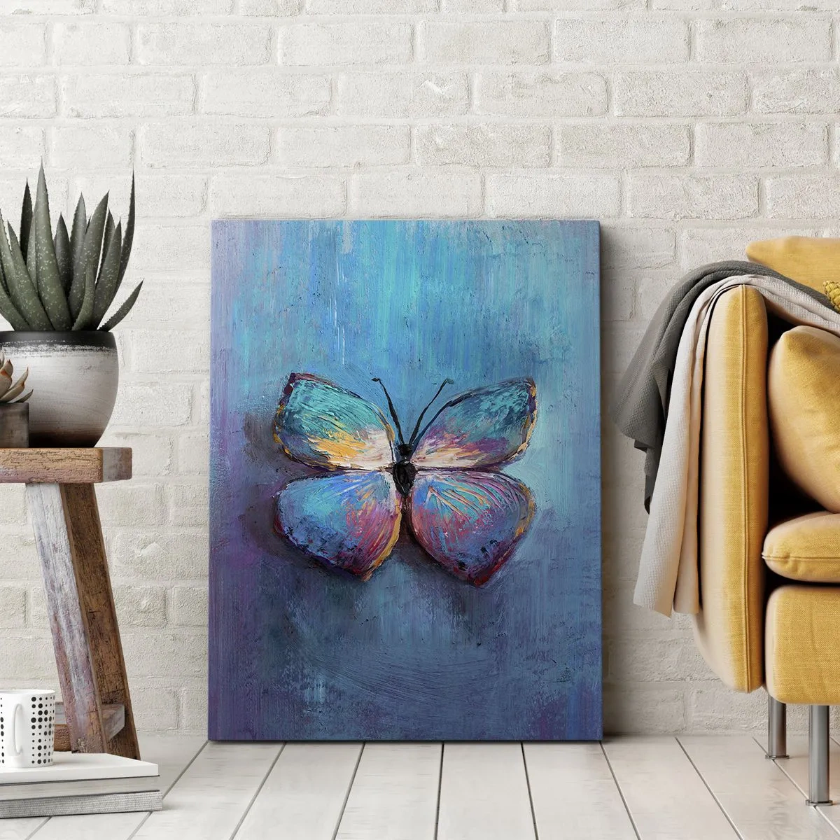 Bild auf Leinwand - Leinwandbild - Bunter Schmetterling auf blauem Hintergrund - 50x70cm - In all seiner Pracht - Moderne Wanddekoration für Wohnzimmer und Schlafzimmer ARTTOR