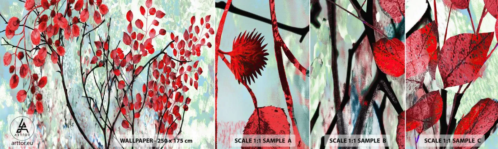Fototapetenmuster Standard Eco - Baum in Scharlachrot - Abstraktion, Rote Blätter, Zweig - 100x30 cm
