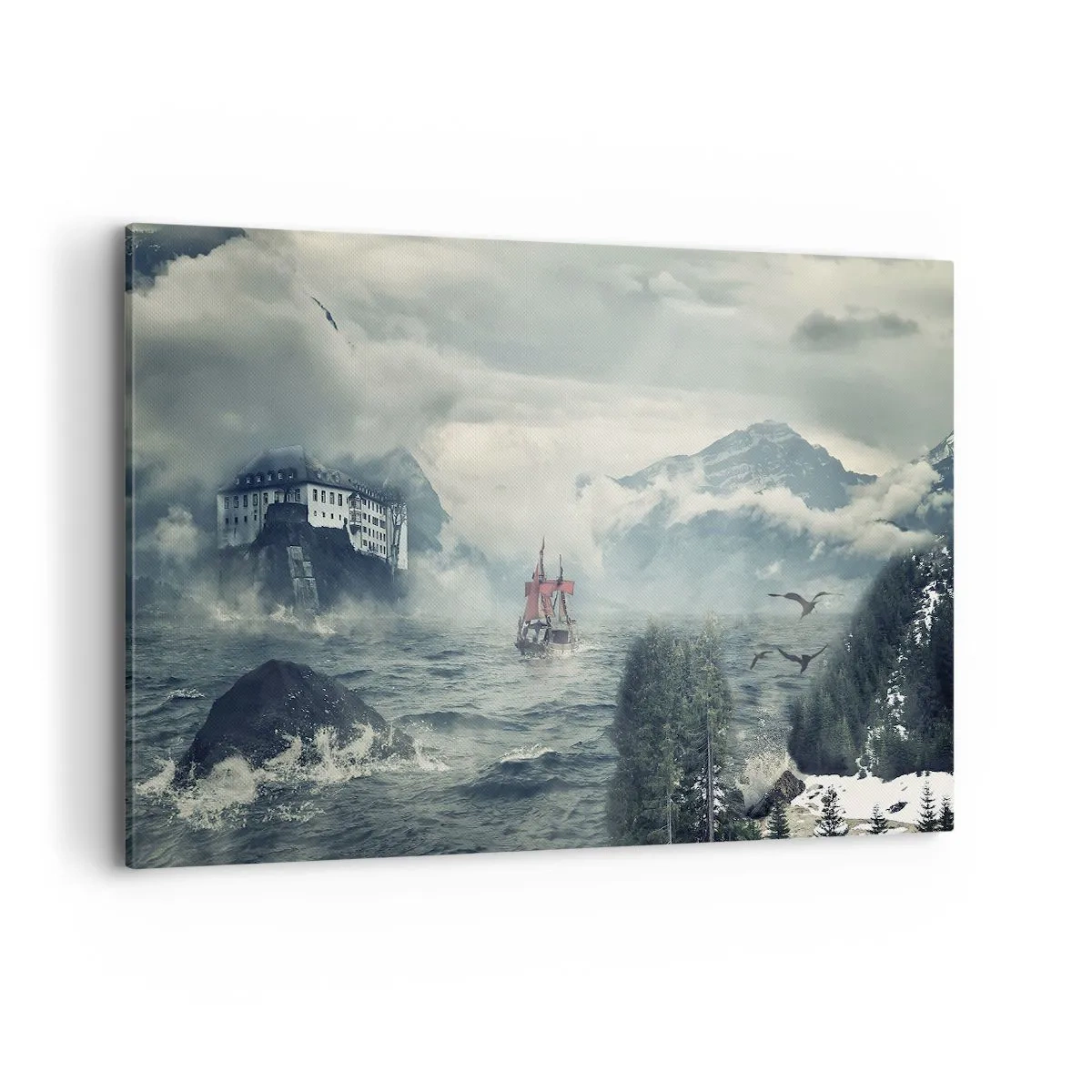 Bild auf Leinwand - Leinwandbild - Eine geheimnisvolle Landschaft mit einem Schloss, Bergen und einem Schiff - 120x80cm - In magischen Gewässern - Moderne Wanddekoration für Wohnzimmer und Schlafzimmer ARTTOR