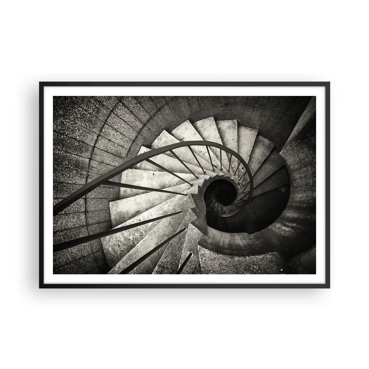 Poster in einem schwarzem Rahmen - Schwarz-weiße Wendeltreppe im modernen Stil - 100x70cm - Treppe hoch, Treppe runter - Moderne Wanddekoration für Wohnzimmer und Schlafzimmer ARTTOR