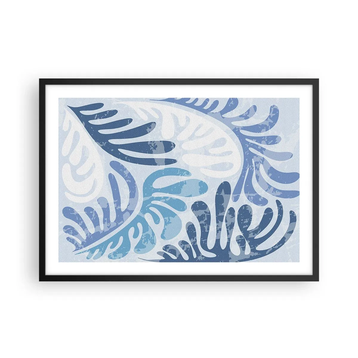 Poster in einem schwarzem Rahmen - Abstrakte Formen in Blautönen auf weißem Hintergrund - 70x50cm - Blaue Farne - Moderne Wanddekoration für Wohnzimmer und Schlafzimmer ARTTOR
