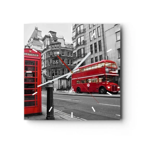 Wanduhr - Glasuhr - Eine rote Telefonzelle und ein Doppeldeckerbus in London mit der Stadt im Hintergrund - 30x30cm - Das Rotste in Europa - Moderne Wanddekoration für Wohnzimmer und Schlafzimmer ARTTOR