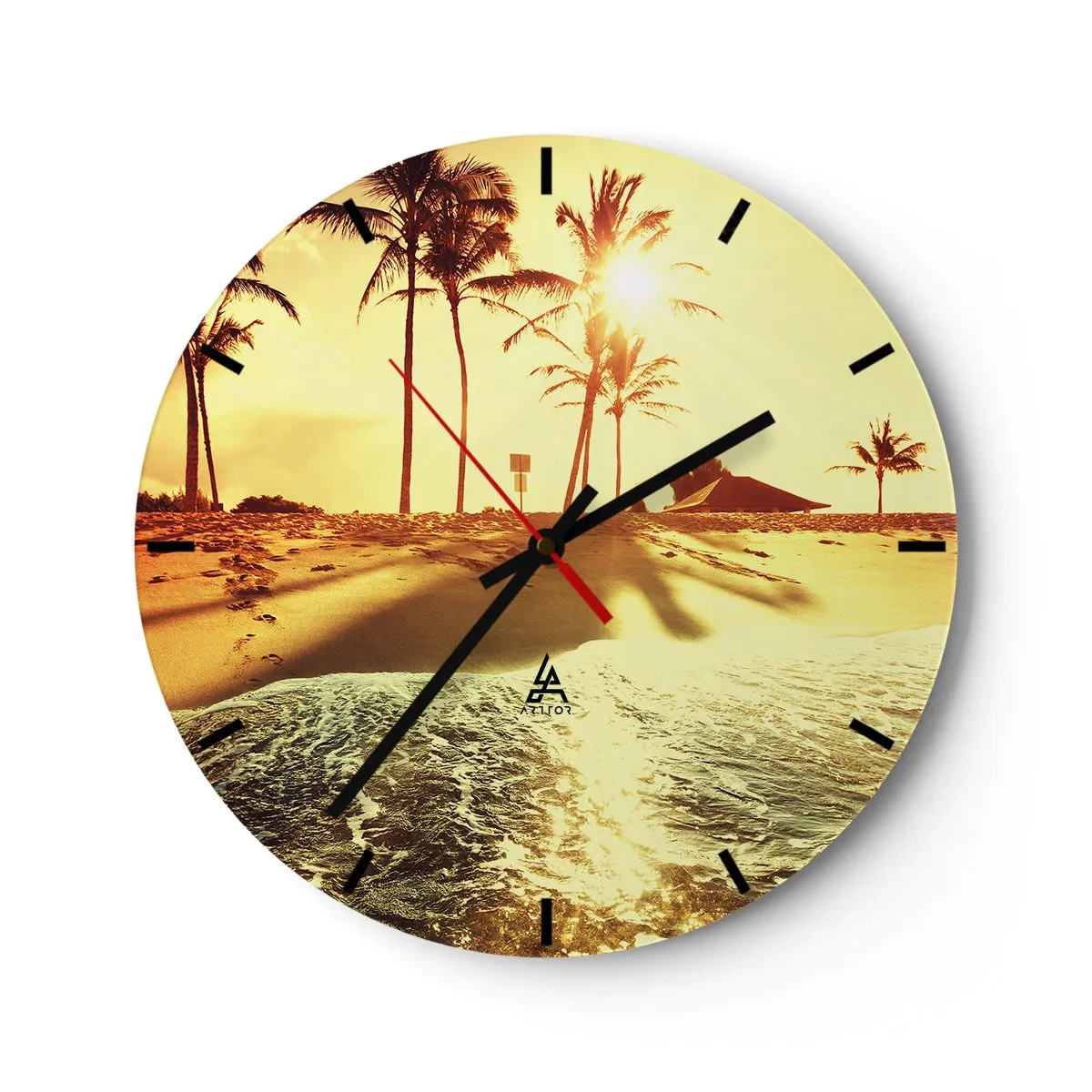 Wanduhr - Glasuhr - Ein Zifferblatt mit Strandmotiv im Licht der untergehenden Sonne - 30x30cm - Kalifornien am Nachmittag - Moderne Wanddekoration für Wohnzimmer, Küche und Schlafzimmer ARTTOR