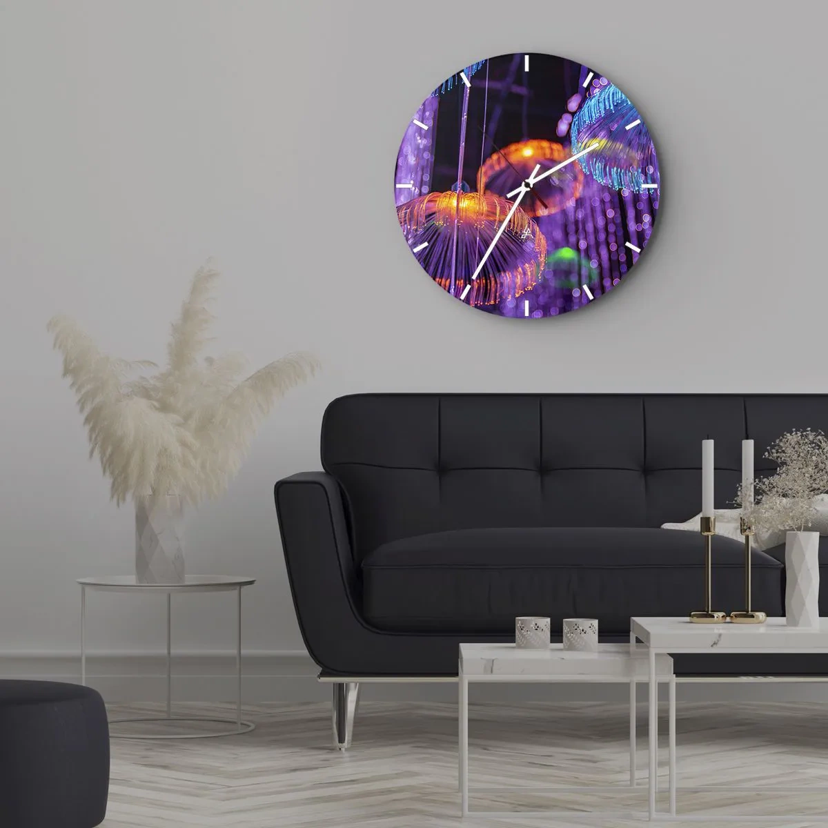 Wanduhr - Glasuhr - Bunte Lichter, die Quallen in einem Neonlicht ähneln - 30x30cm - Lichtbrunnen - Moderne Wanddekoration für Wohnzimmer, Küche und Schlafzimmer ARTTOR