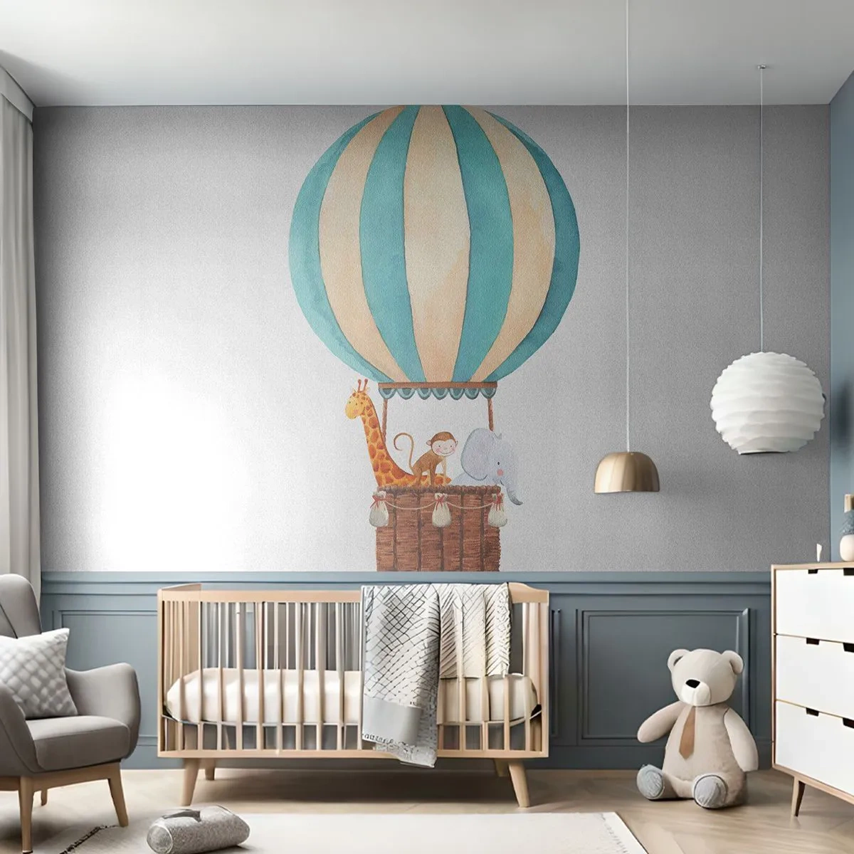 Fototapete Premium Sand - Ein Ballon mit einer Giraffe, einem Affen und einem Elefanten in einem Korb auf weißem Hintergrund - 100x70cm - Fantastische Reise - Moderne Wanddekoration für Wohnzimmer und Schlafzimmer ARTTOR
