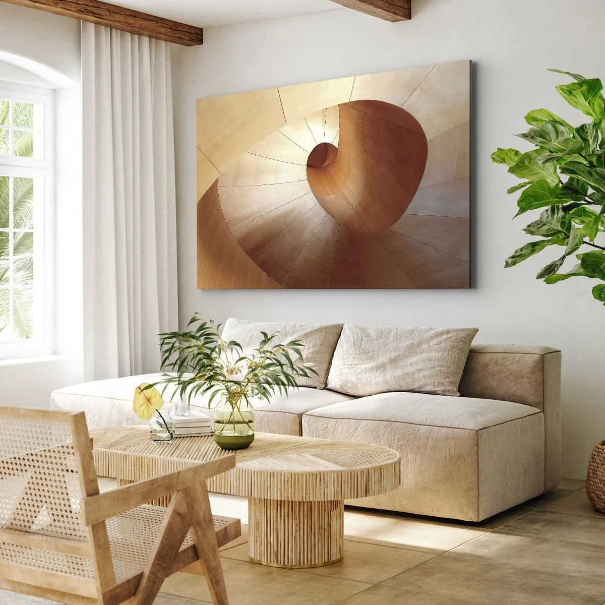 Bild auf Leinwand - Leinwandbild - Abstrakte Spirale in Holz- und Hellbrauntönen - 120x80cm - Architektonische Serpentine - Moderne Wanddekoration für Wohnzimmer und Schlafzimmer ARTTOR