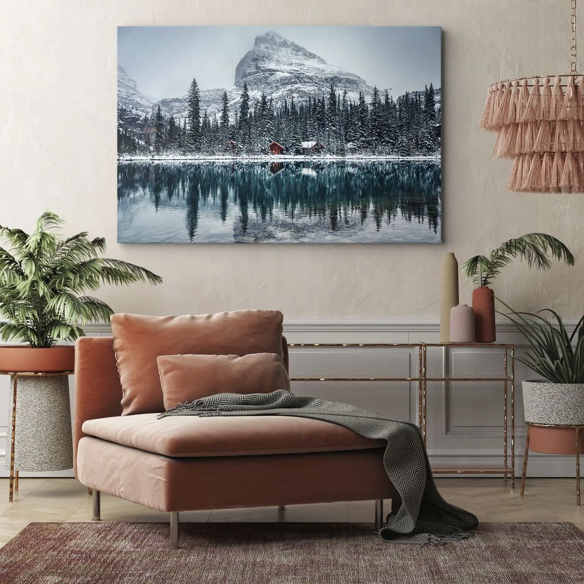 Bild auf Leinwand - Leinwandbild - Winterlandschaft mit Hütten im Wald an einem zugefrorenen See - 120x80cm - Kanadischer Rückzug - Moderne Wanddekoration für Wohnzimmer und Schlafzimmer ARTTOR